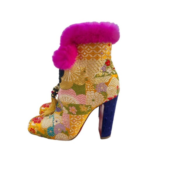 Christian Louboutin May Wong 100 Floral & Rabbit Fur Block Heel Booties - Picture 7 of 10